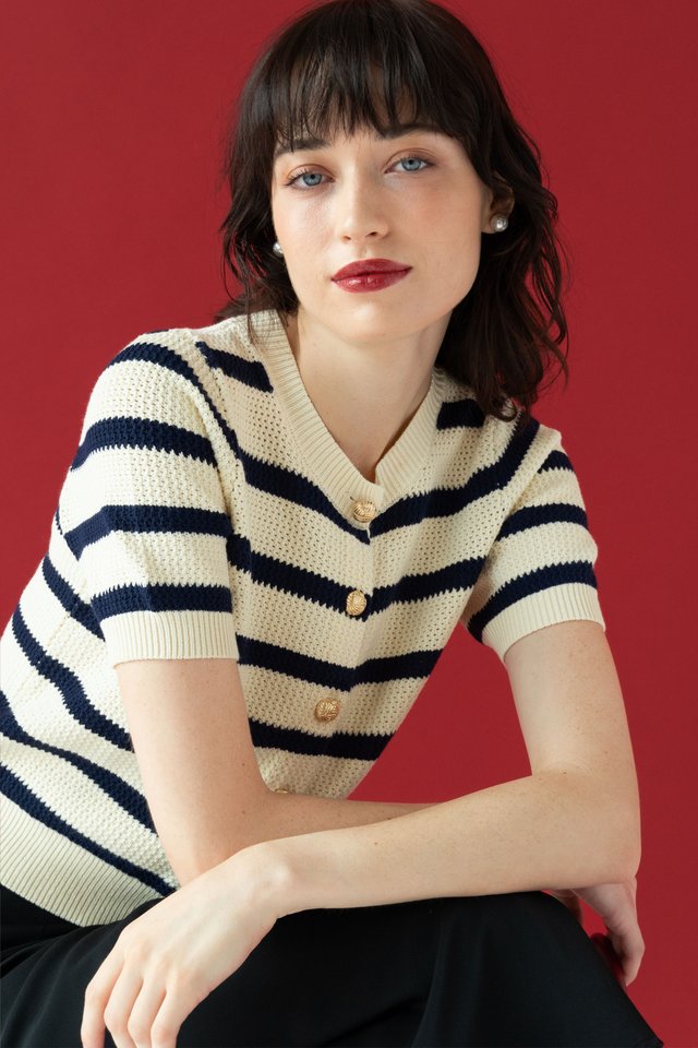 WAFFLE KNIT TOP STRIPED CREAM