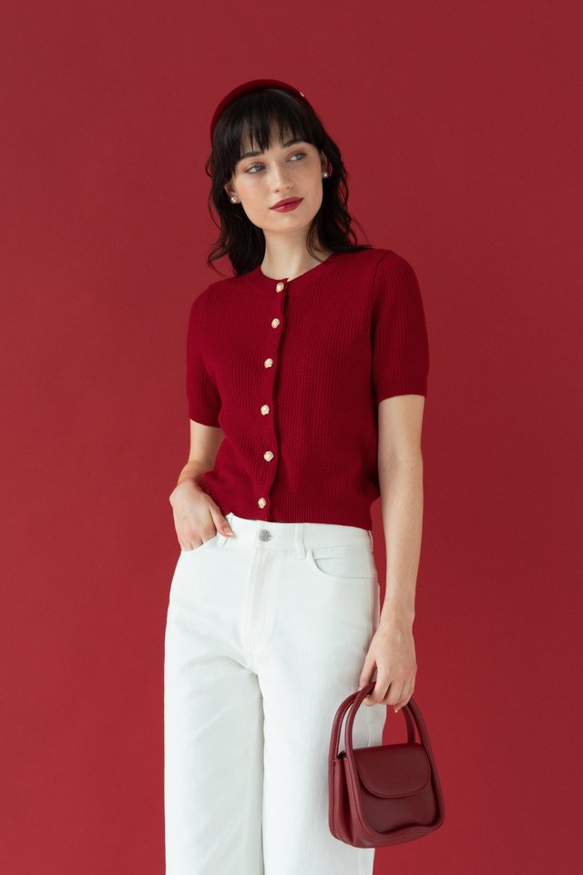 WAFFLE KNIT TOP DEEP RED