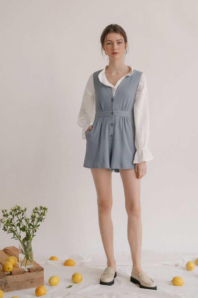 EMERY BUTTON FRONT ROMPER BLUE