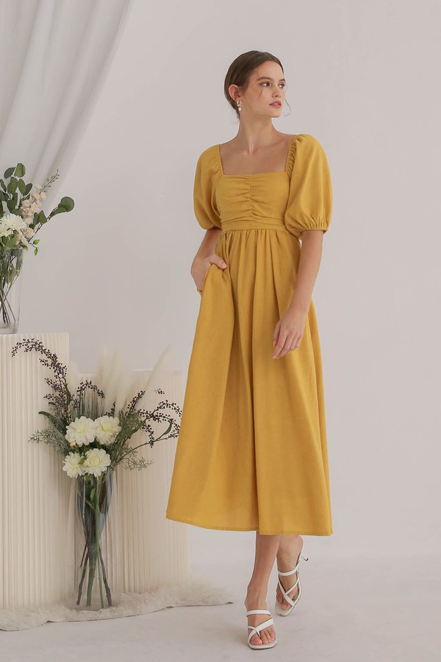 EMILY RUCHED BODICE DRESS MUSTARD