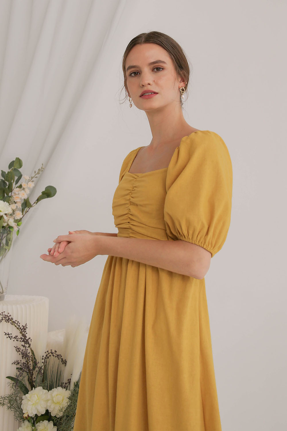 Mustard ruched shop dress